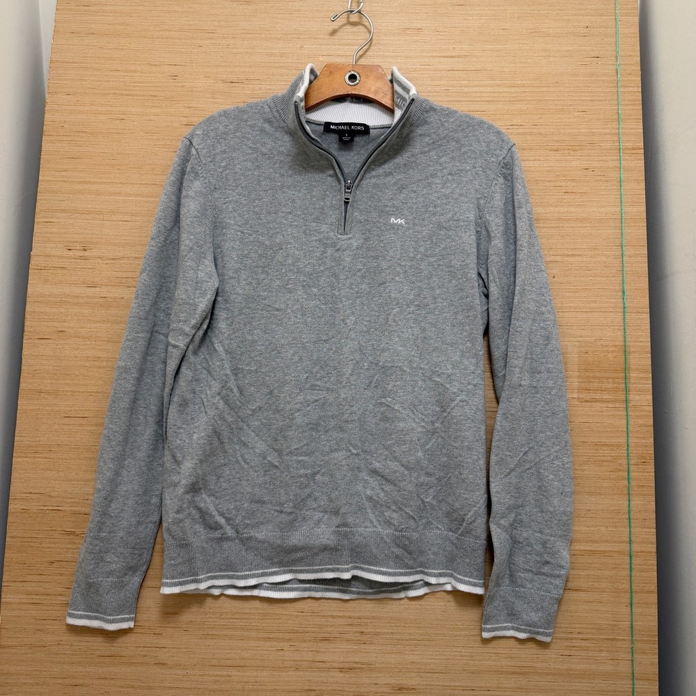 Michael Kors Mens Quarter Zip Sweater‎ Heather Gray Mock Neck Tipped Trim Small